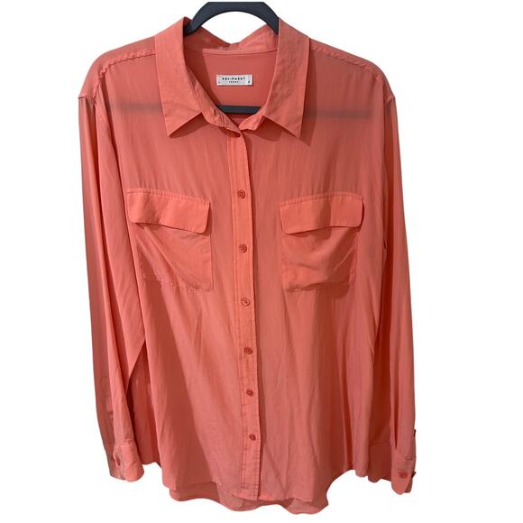 Equipment Femme Coral Silk Button Up Top Blouse Pockets, size L - Picture 1 of 6